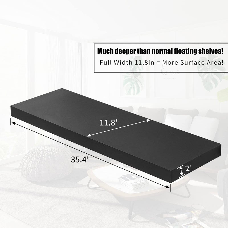 WELLAND 12" Deep Floating Wall Shelf, Black Floating Shelf Display Floating Shelf, 35.43" L x 11.81" D x 2" T, Deeper Than Others, Black - Image 4